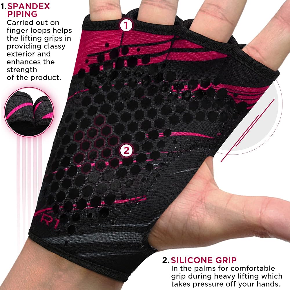 RDX Weightlifting Gloves Workout Gym Fitness Breathable Anti-Slip Open Back Gripper Deadlift Muscle Training HIIT Exercise Women Men Rowing Cycling Hanging Climbing (Pink, XS/S)