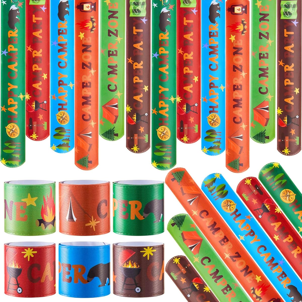 36pcs Camping Slap Bracelets Bulk Happy Camper Snap Bracelets Camping Party Favors Kids Wristbands Cool Classroom Favors Happy Camper Decoration Adventure Camp Birthday Decoration Gift Supplies