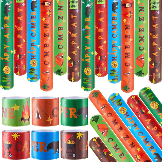 36pcs Camping Slap Bracelets Bulk Happy Camper Snap Bracelets Camping Party Favors Kids Wristbands Cool Classroom Favors Happy Camper Decoration Adventure Camp Birthday Decoration Gift Supplies