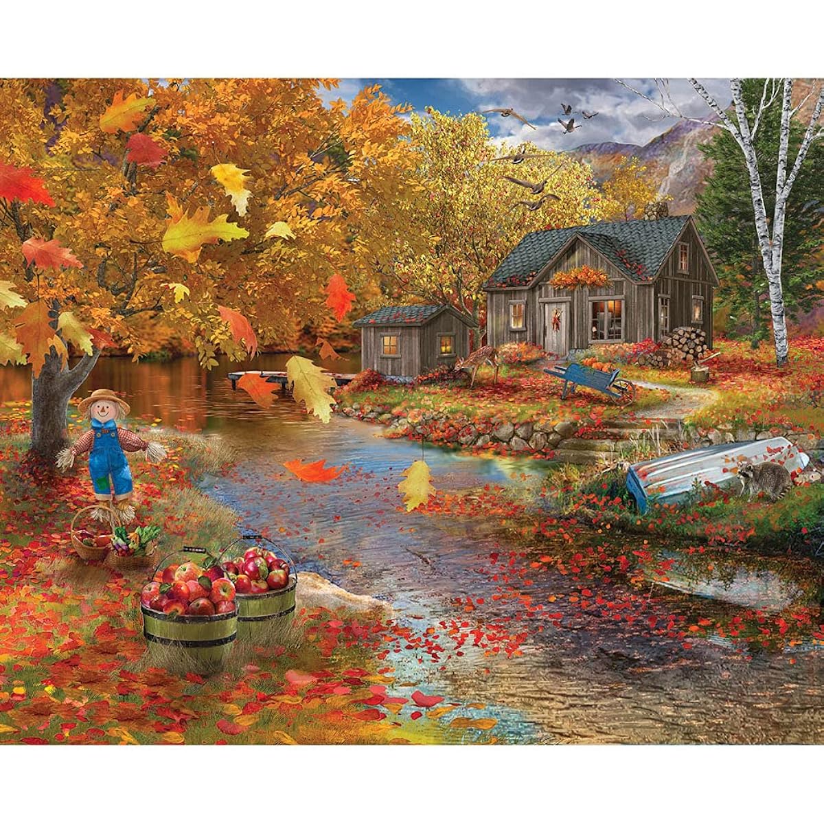 Bits and Pieces - 300 Piece Jigsaw Puzzle for Adults 18" x 24" - Autumn Cabin - 300 Piece Fall Forest Lake Trees Leaves Scarecrow Rustic Jigsaw Artist Bigelow Illustrations