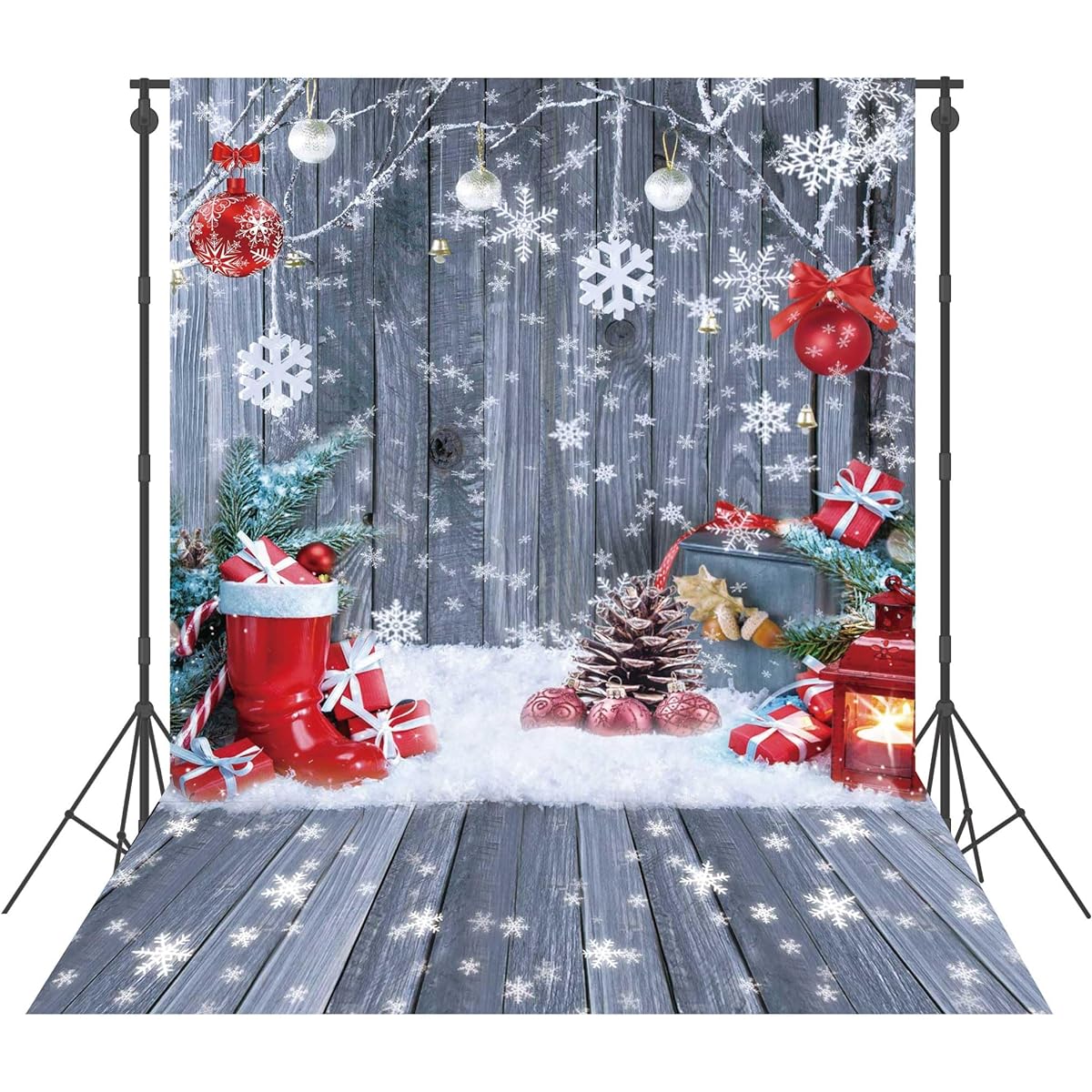 Felortte 8x10ft Christmas Wood Wall Floor Backdrop Winter Snowflake Gift Decoration Photography Background Kids Family Holiday Party Photo Banner Booth Studio Photographer Props