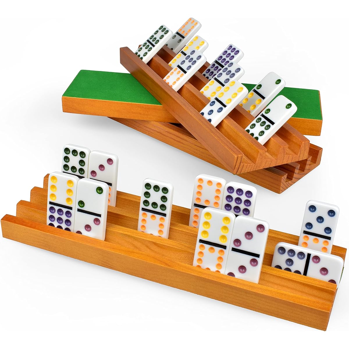 Queensell Domino Holder for Classic Board Games, Wooden Domino Rack, Set of 4, Mexican Train Domino Accessories, Domino Tray for Tiles Family Game
