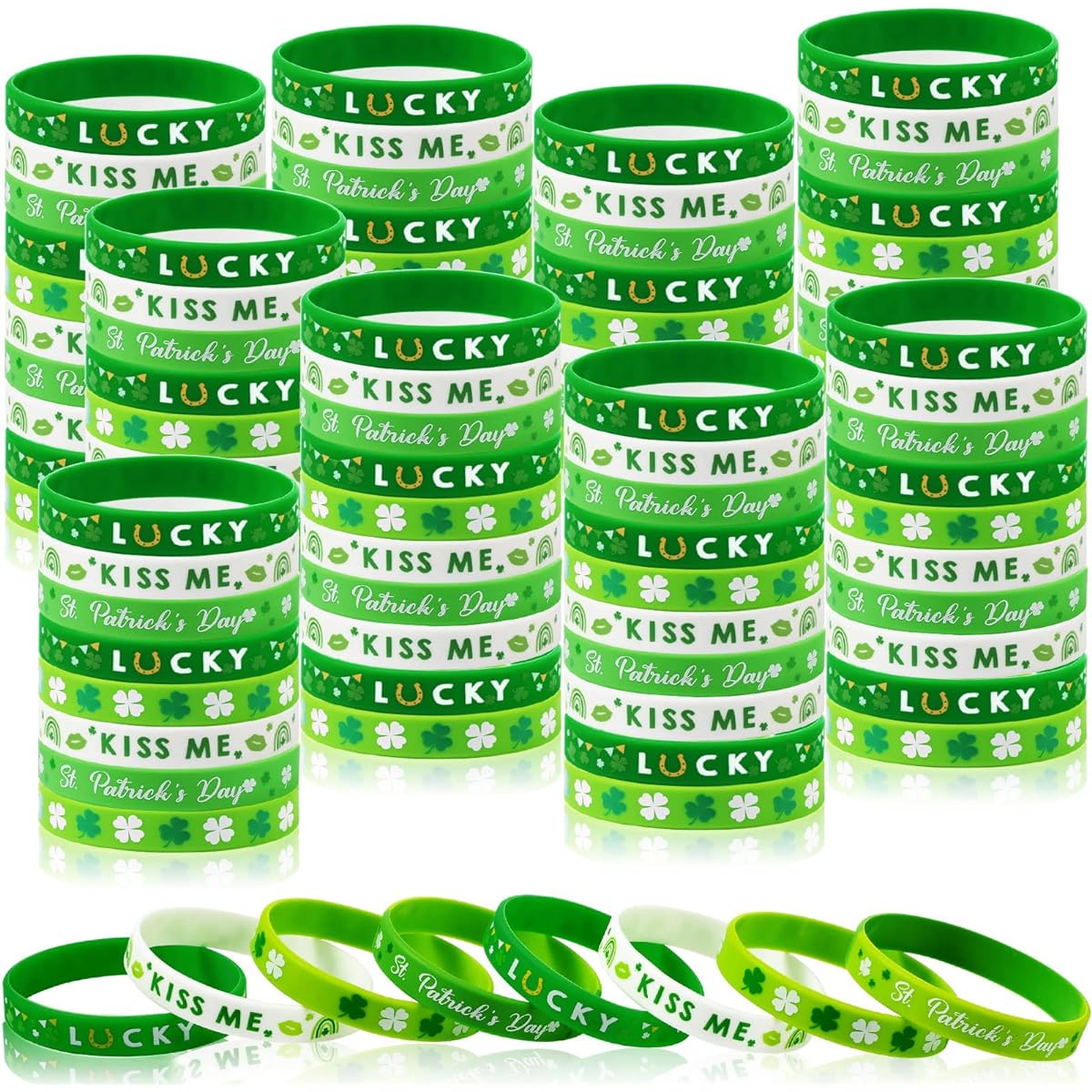 St. Patrick's Day Silicone Wristbands Irish Clover Bracelet Lucky Shamrock Wristbands Green Rubber Kiss Me Bracelets Party Favors Patrick's Day Party Decoration Supplies, 8.3 x 0.5 inch, Silicone, Silicone.