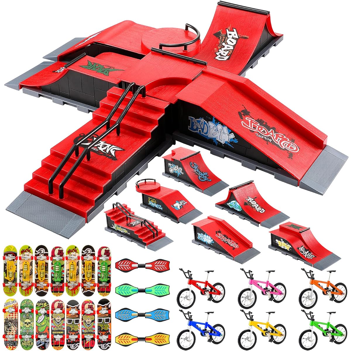 45Pcs Fingerboard Ramps 6 in 1 Finger Skateboard Toy Set Skateboard Ramp Fingerboard Finger Bike Wheels and Tools Accessories LED Mini Skateboard for Fingers Holiday Party Favors
