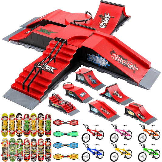 45Pcs Fingerboard Ramps 6 in 1 Finger Skateboard Toy Set Skateboard Ramp Fingerboard Finger Bike Wheels and Tools Accessories LED Mini Skateboard for Fingers Holiday Party Favors