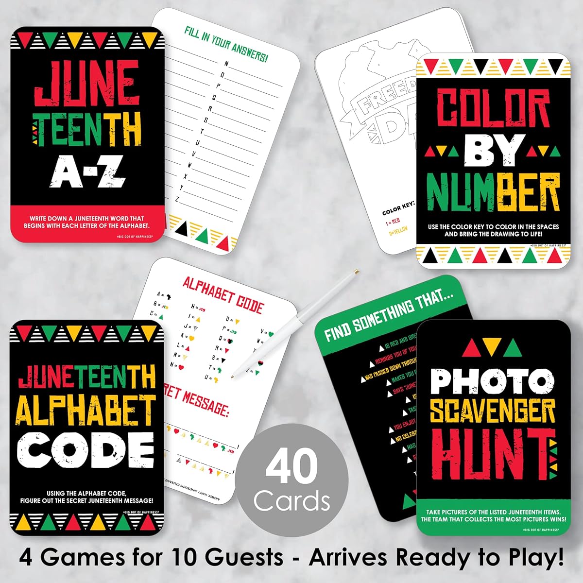 Big Dot of Happiness Happy Juneteenth - 4 Freedom Day Party Game - 10 Cards Each - Game Bundle