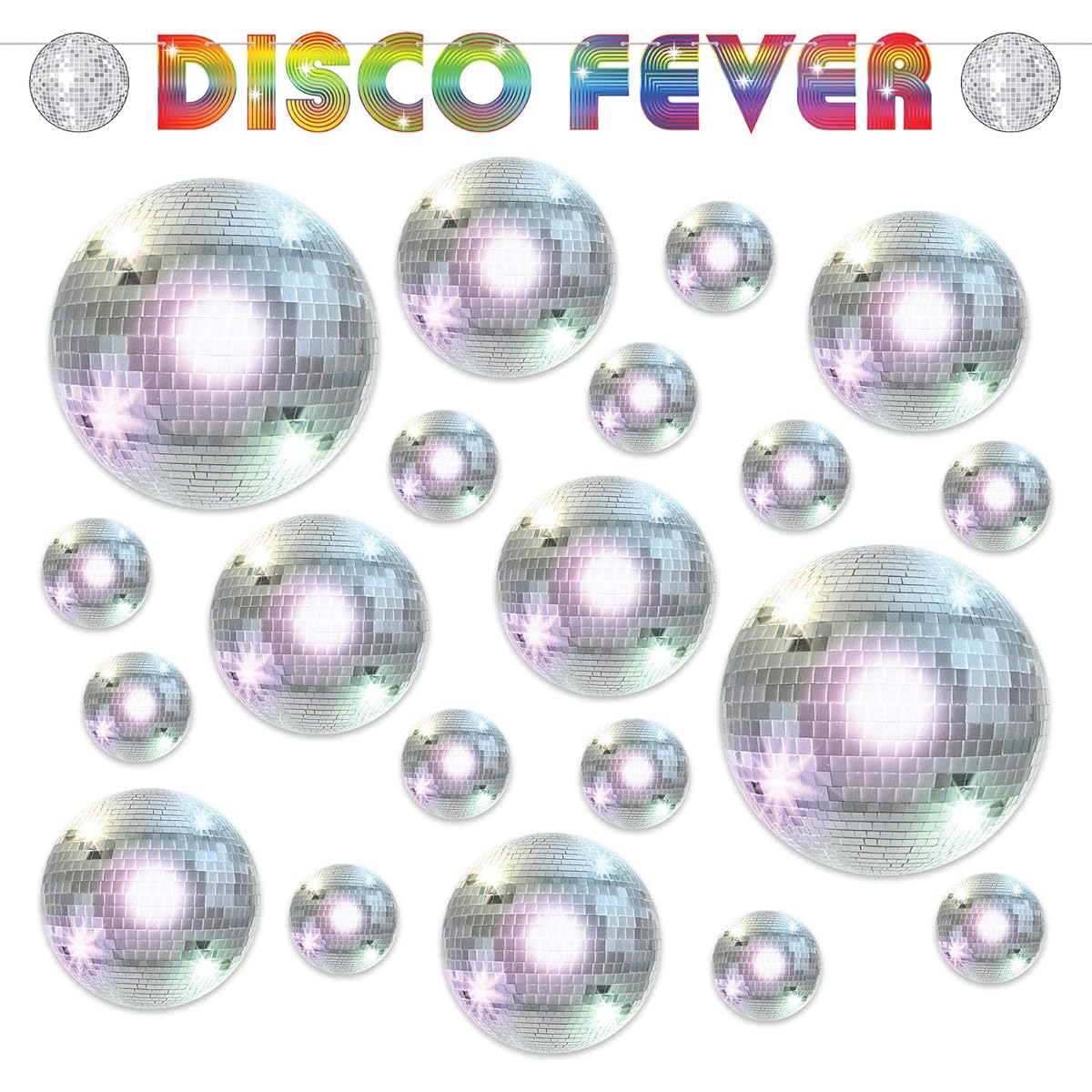70's Party Disco Fever Hanging Banner Garland and Disco Ball Double Sided Cutout Set Total 21 Pieces