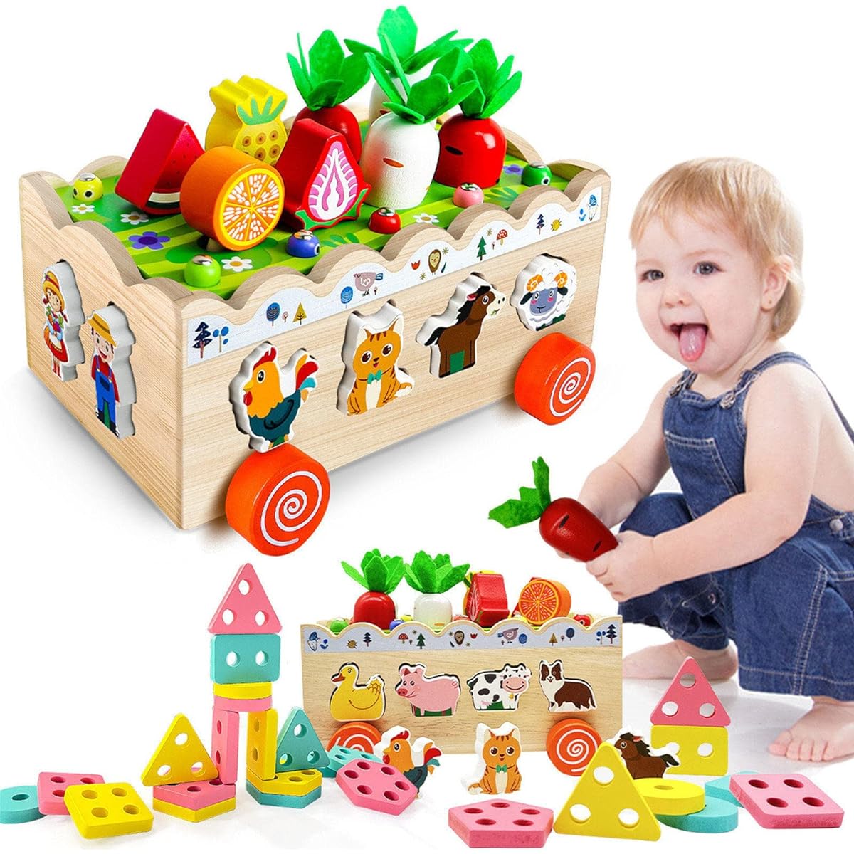 Monti Shape Sorter Toy for Kids - Carrot Harvesting Game Wooden Shape Sorting Toys Gifts for Toddlers Gifts for 1-3 Year Olds Preschool Learning Vegetable & Farm Animals Blocks