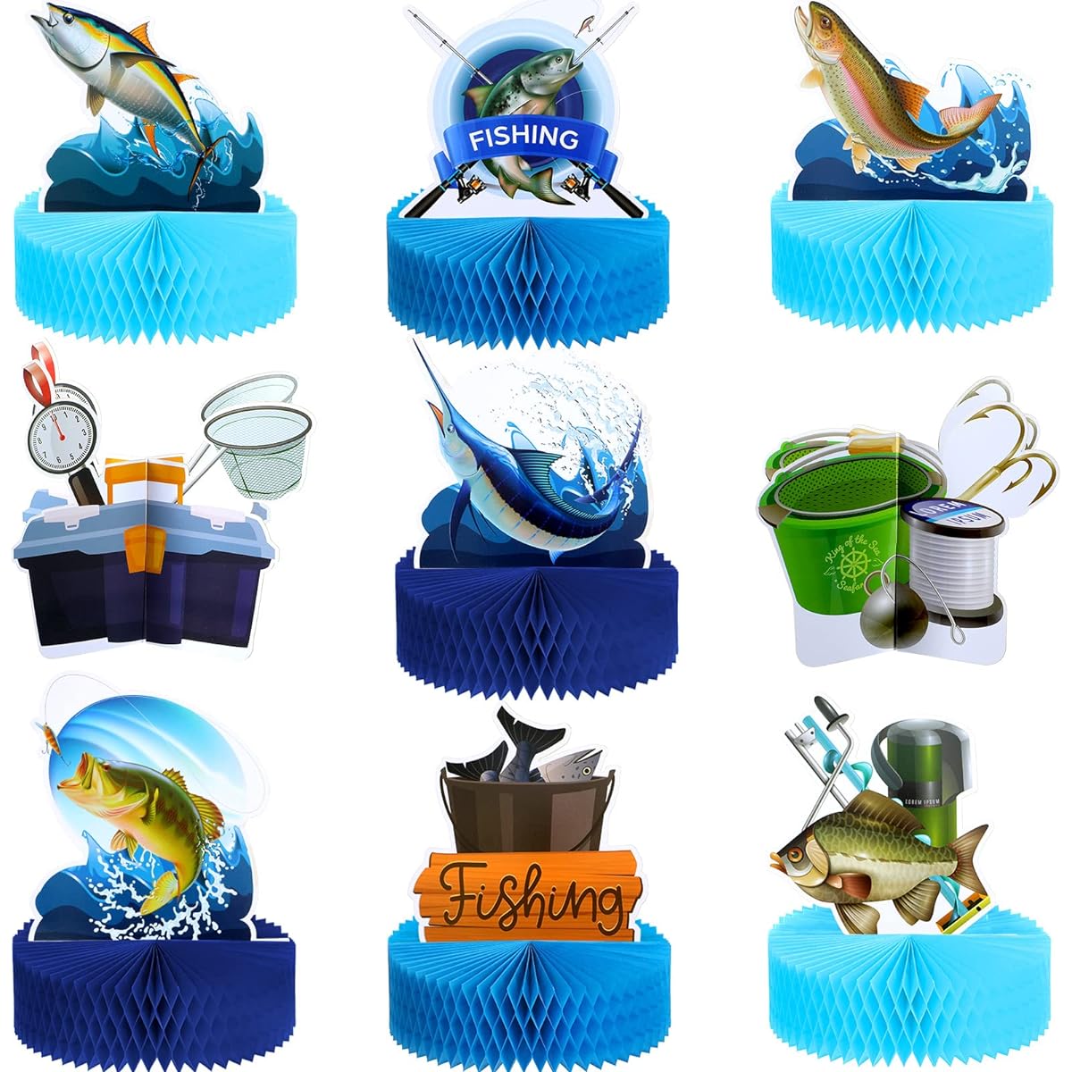 Gone Fishing Party Centerpieces Fishing Table Decor 3D Fishing Birthday Party Supplies Fishing Birthday Decorations Fish Paper Signs Honeycomb Baby Shower Retirement Theme Party Father's Day 9pcs