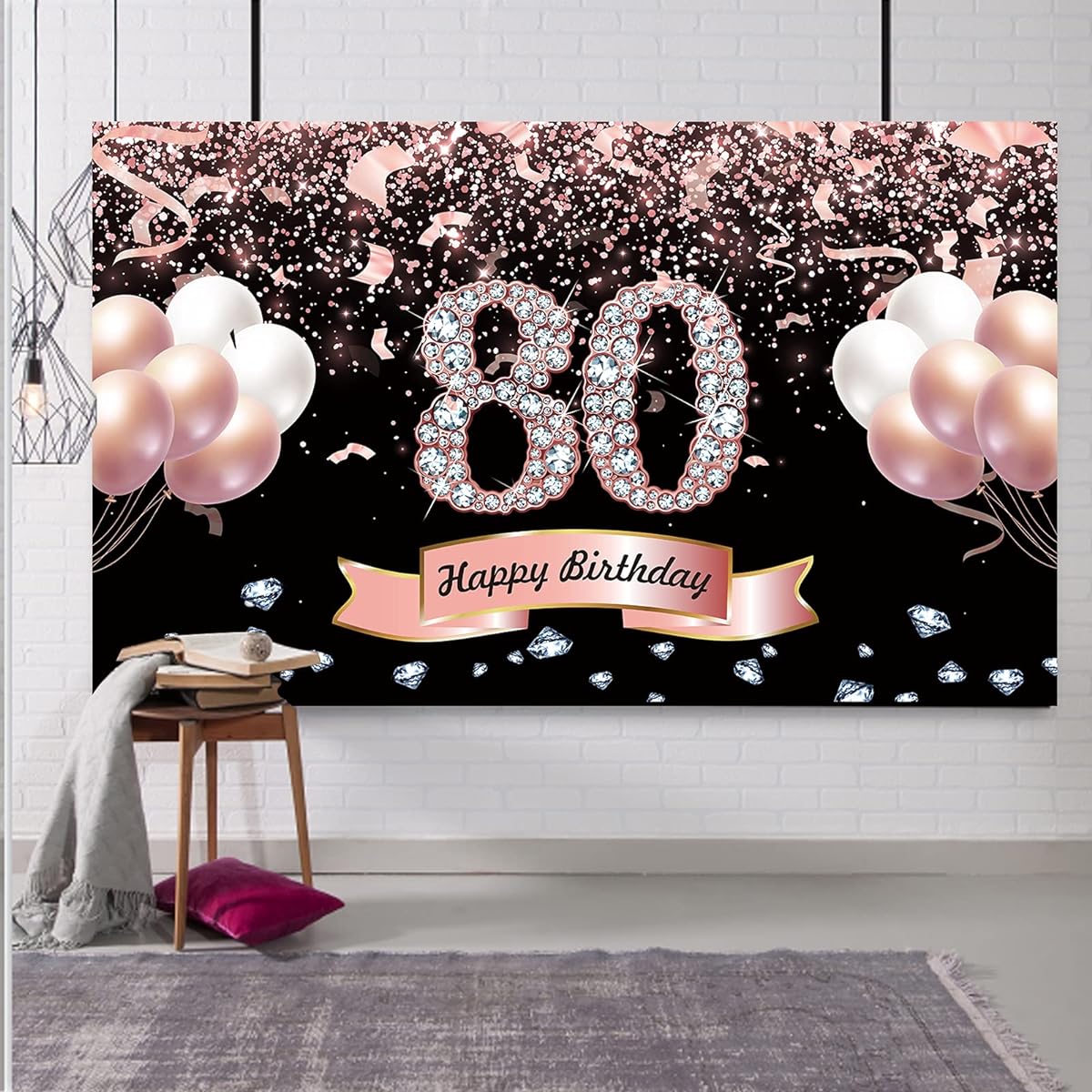 Trgowaul 80th Birthday Decorations for Women Rose Gold Birthday Backdrop Banner 5.9 x 3.6ft Happy Birthday Party Photo Supplies Background 80th Birthday Decorations
