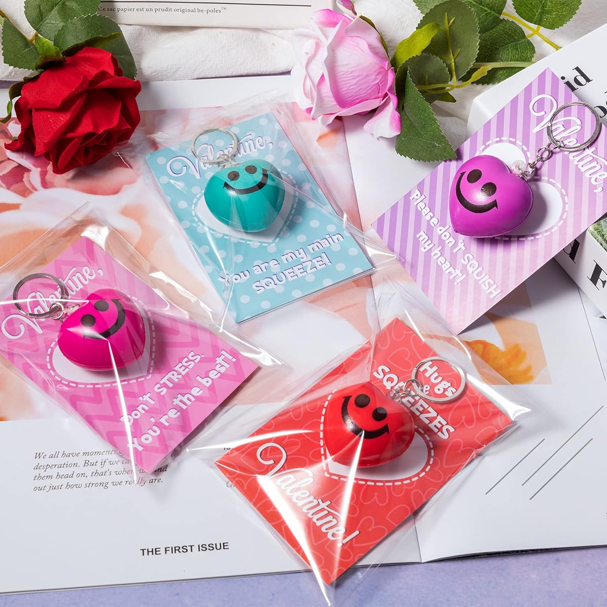 Haooryx 28 Pack Valentine's Day Card Heart Shape Stress Ball Keychain