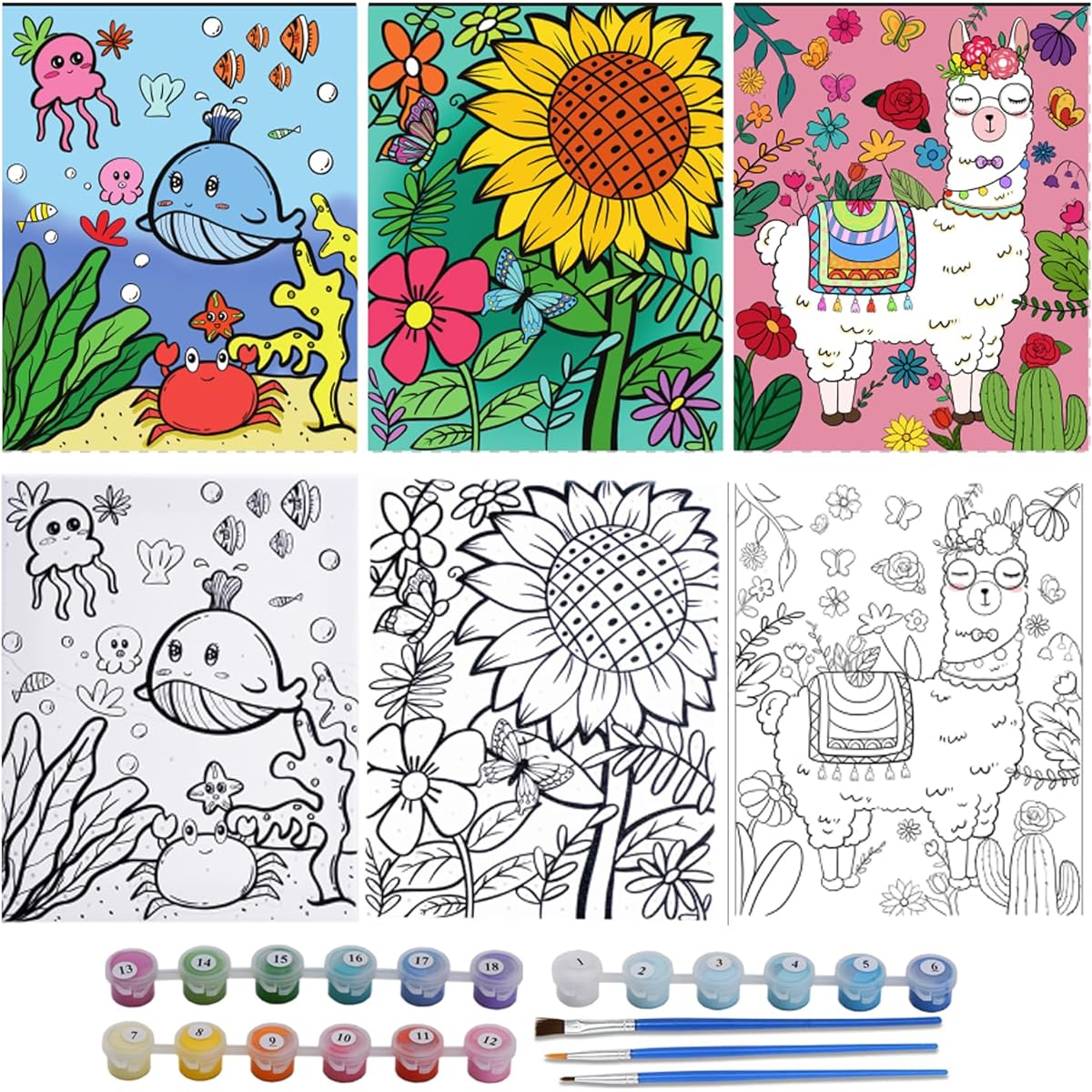 3 Pack Paint by Numbers Acrylic Oil Painting Kit for Kids Ages 8-12, Framed Canvas Size 8x10 Inch, 18 Acrylic Paint Pots, 6 Paint Brushes