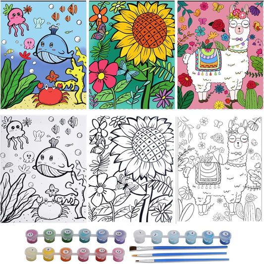 3 Pack Paint by Numbers Acrylic Oil Painting Kit for Kids Ages 8-12, Framed Canvas Size 8x10 Inch, 18 Acrylic Paint Pots, 6 Paint Brushes