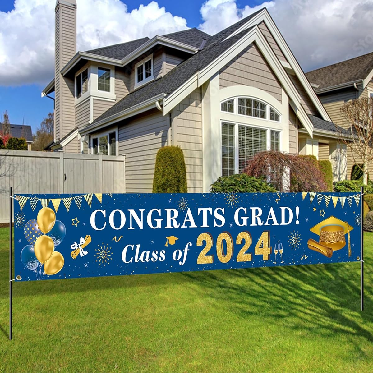 Class of 2023 Decorations Congrats Grad Class of 2023 Banner - Blue and Gold Graduation Yard Sign Backdrop Hanging Decorations for Indoor Outdoor 2023 Graduation Party Supplies