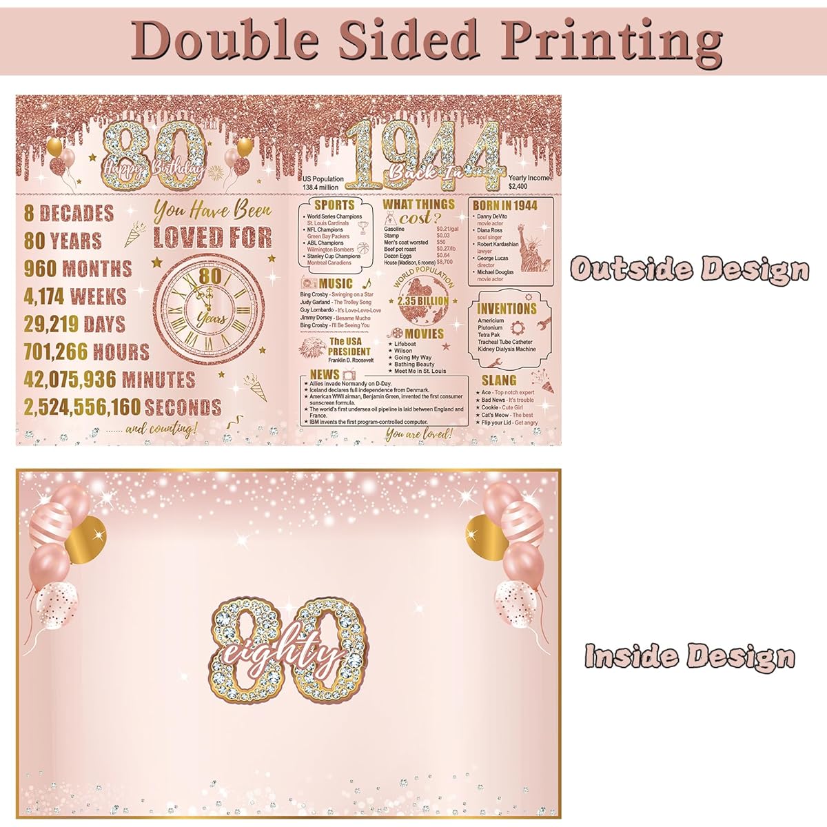 Turypaty Large 80th Birthday Card with Envelope for Women Pink Rose Gold Back 1944 Happy 80th Birthday Giant Guest Signature Book Gift, Extra Large 1944 80th Greeting Card Decoration Party Supply