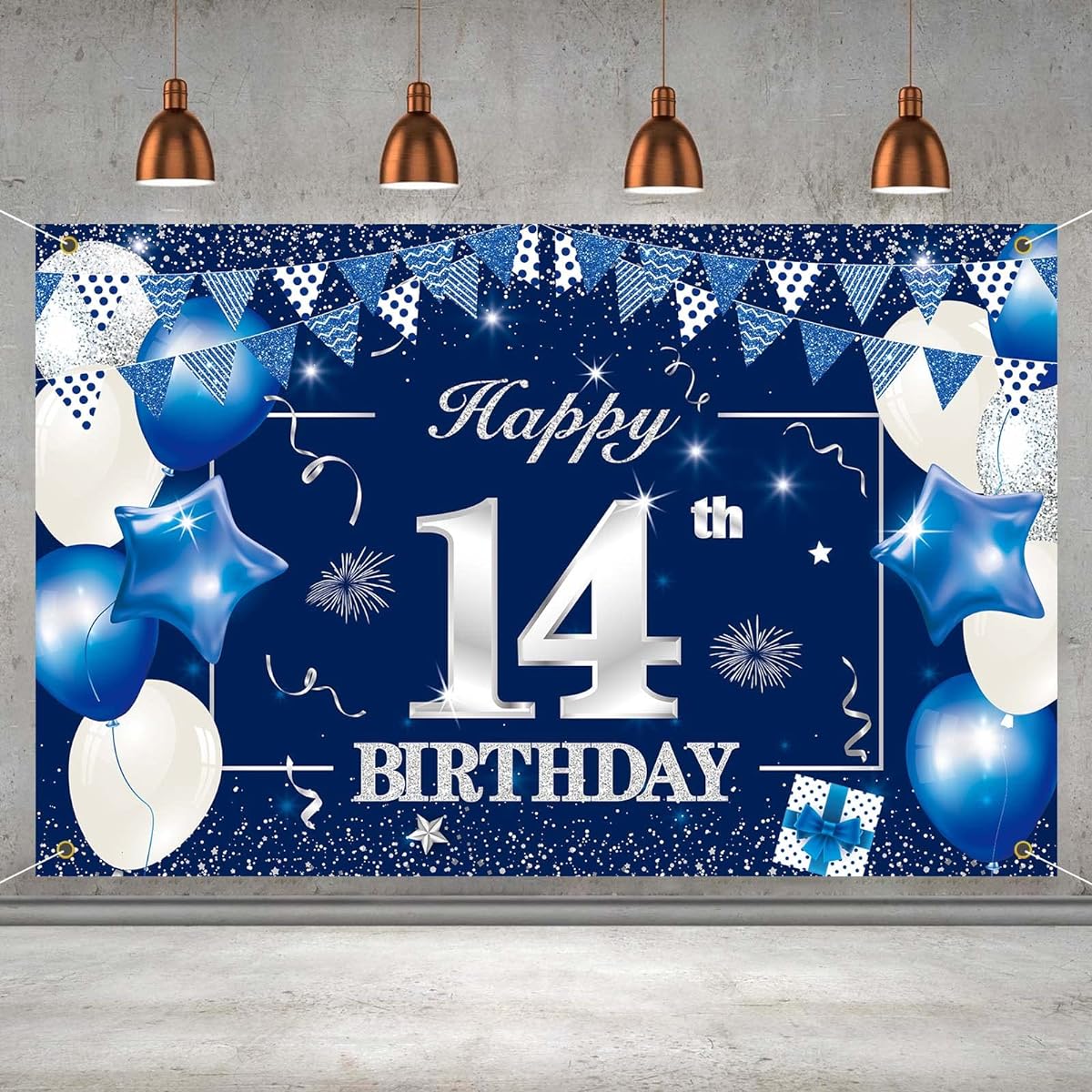 P.G Collin Happy 14th Birthday Banner Backdrop Sign Background, 14th Birthday Party Decorations Supplies for Boys/Girls 6 x 4ft Blue Silver