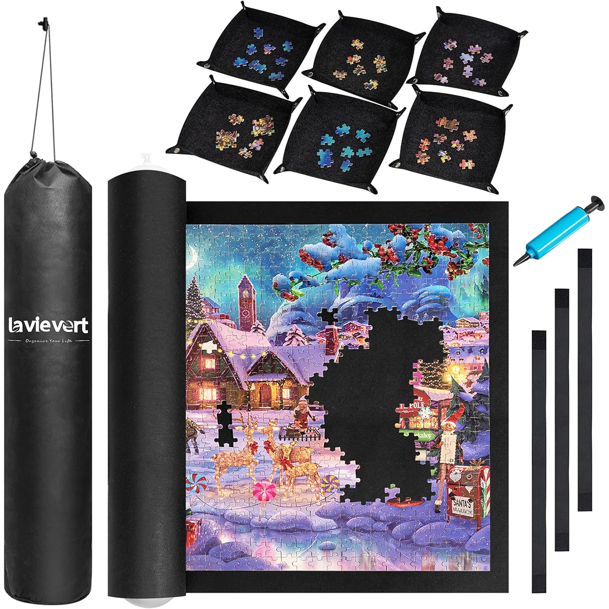 Lavievert Jigsaw Puzzle Mat Roll Up with 6 Sorting Trays, Portable Puzzle Storage, Puzzle Saver with Drawstring Closure Storage Bag & Hand Pump, Holds up to 2000 Pieces