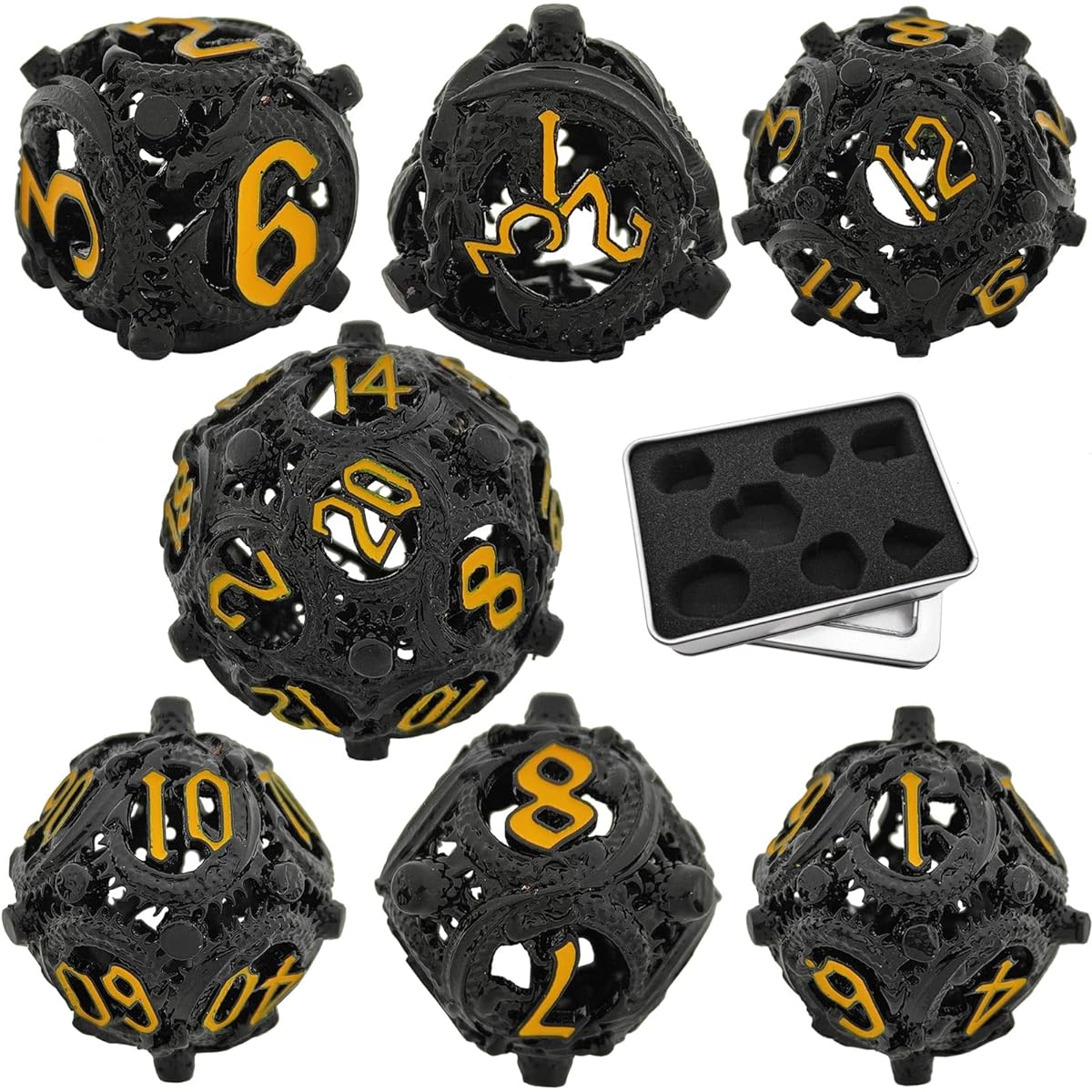 AHDKEJG Metal Hollow Dragon DND Dice Set 7pcs D&D Dungeons and Dragons Polyhedral MTG RPG Role Playing Pathfinder Board Game with Gift Metal Box D20 D12 D10 D8 D6 D4-Black Yellow