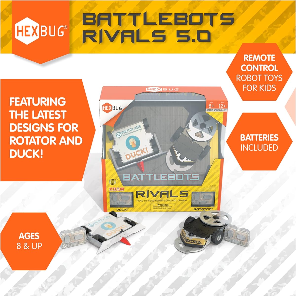 HEXBUG BattleBots Rivals 5.0 (Rotor and Duck) Remote Control Robot Toy for Kids, STEM Toy for Boys and Girls, Ages 8+, Batteries Included