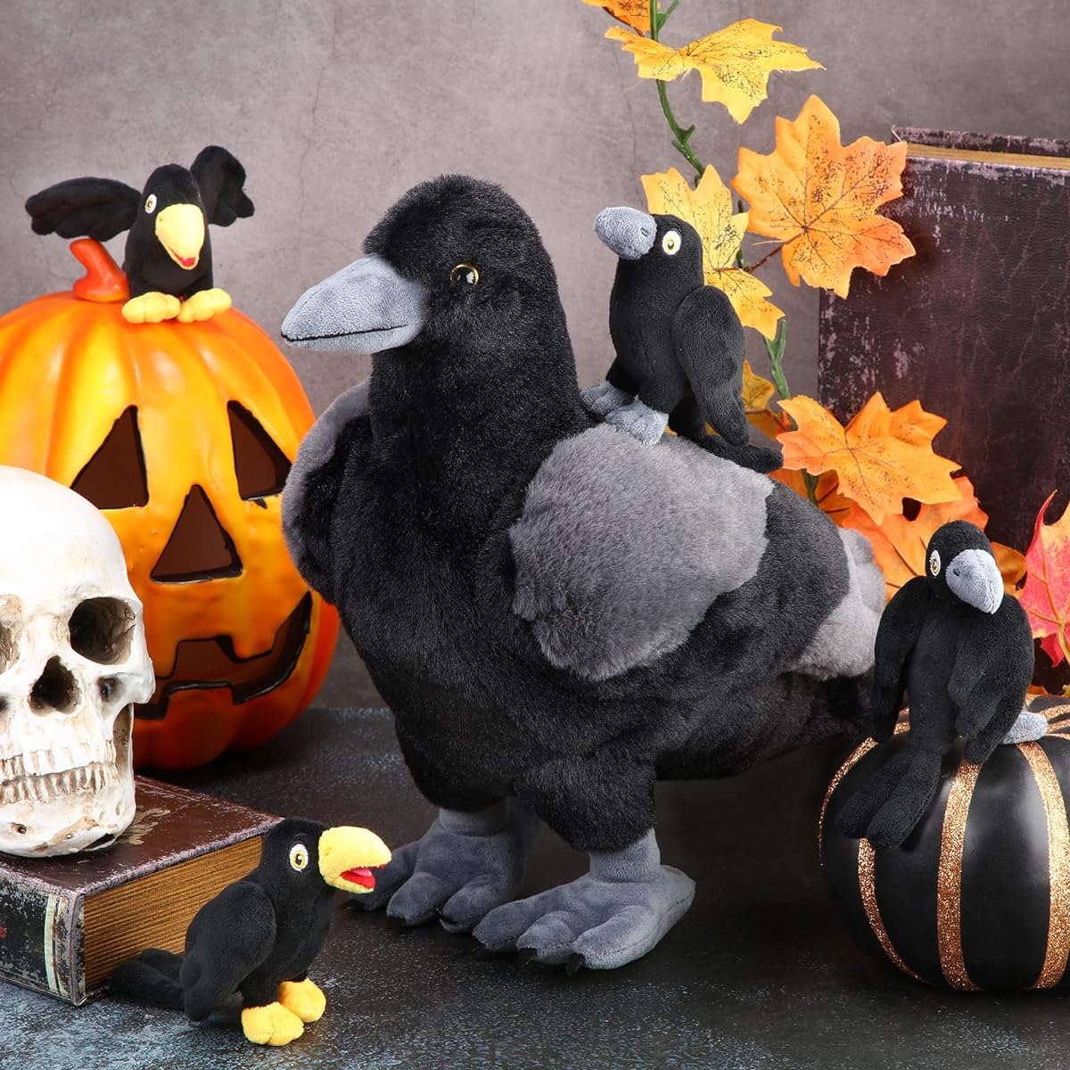 HyDren 5 Piece Crow Plush Toy Set - Soft, Fluffy, Realistic Large Stuffed Animals and Small Black Crows for Halloween Decorations & Collections