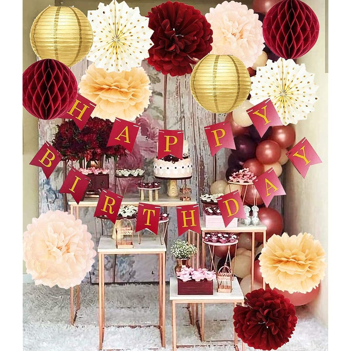 Burgundy Gold Birthday Party Decorations Burgundy Gold Happy Birthday Banner Tsey Pom Poms Polka Dot Fan Fall Burgundy Birthday Party Supplies 30th 40th 50th Birthday Decorations Fall