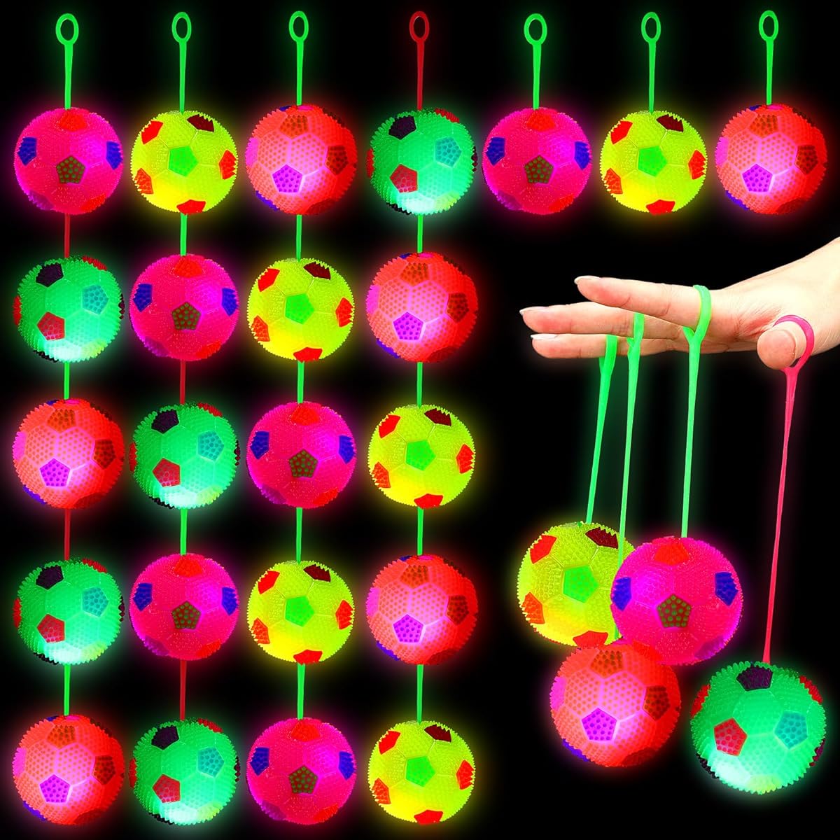 Wettarn 24 Pieces Bouncy Light Up Ball LED Flashing Pointy Sense Stress Ball Fidget Sense Glow in the Dark Party Favor Birthday Gift Classroom Prize Return Gift (Soccer)
