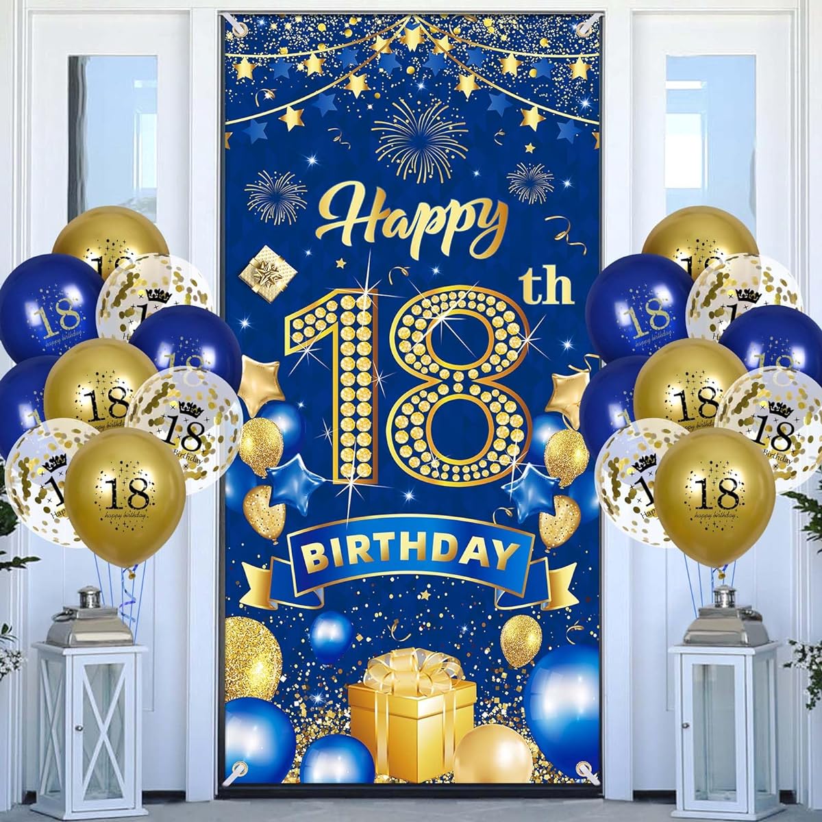 Birthday Party Decorations for Men Navy Blue Gold Happy Birthday Banner (18th)