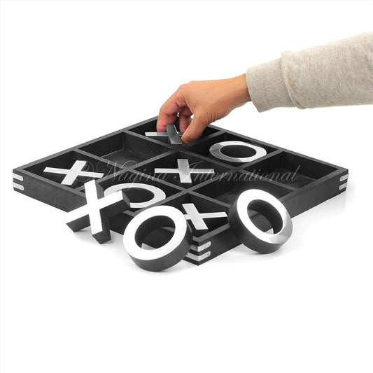 14" Large Elegant Premium Black Tic-Tac-Toe Board Game for Adults & Kids Wooden Puzzle Game Coffee Table Wood Decor & Games Nickel Sheathed Pieces