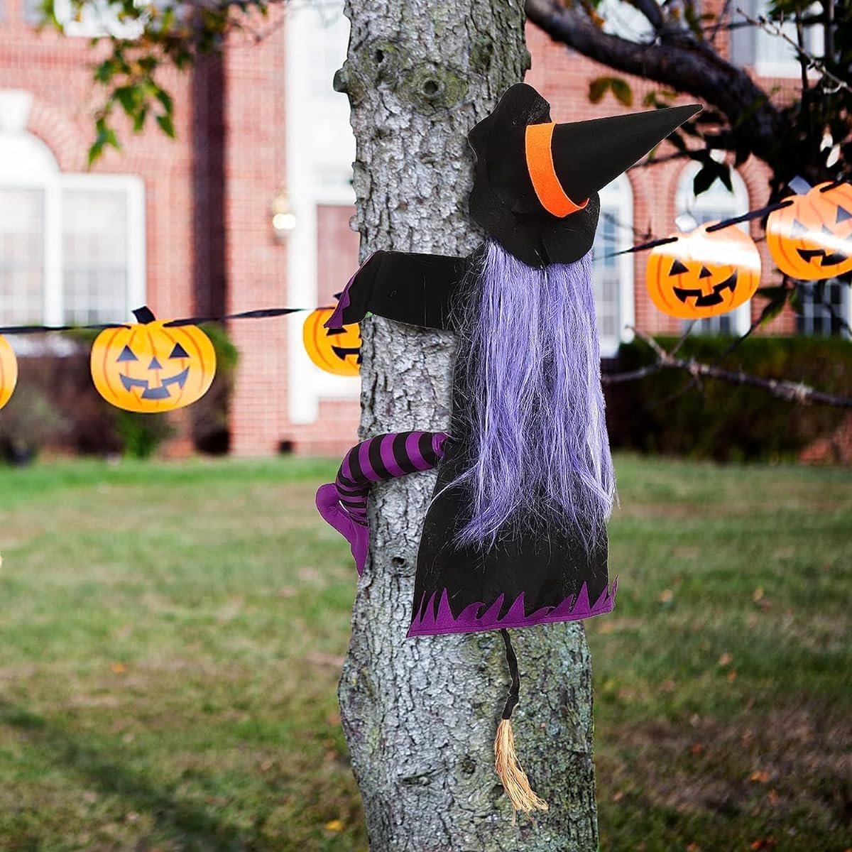 Witch Crashing into a Tree Halloween Decorations Crashing Witch Hanging Halloween Witch Props Outdoor Halloween Decor Tree Door Porch Party Supplies (35" H x 27" W)