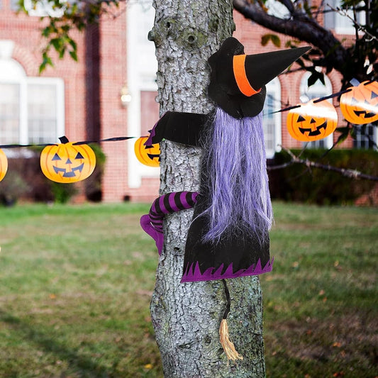 Witch Crashing into a Tree Halloween Decorations Crashing Witch Hanging Halloween Witch Props Outdoor Halloween Decor Tree Door Porch Party Supplies (35" H x 27" W)