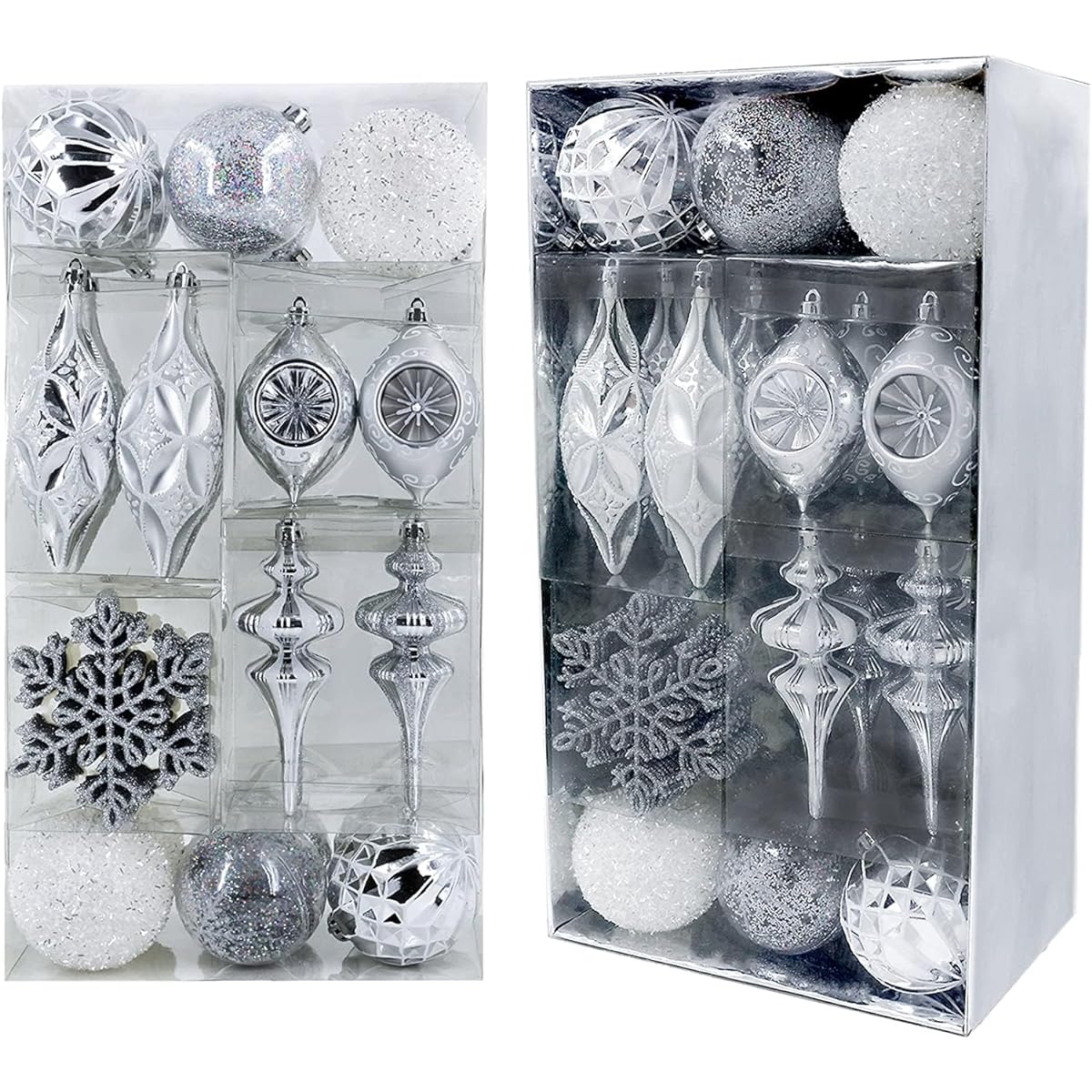 Valery Madelyn 50pcs Frozen Winter Silver and White Christmas Ball Ornaments, Shatterproof Christmas Tree Ornaments, Value Pack for Christmas Decorations