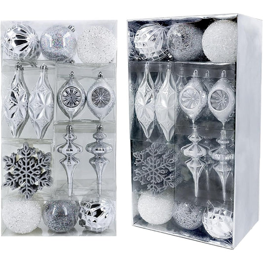 Valery Madelyn 50pcs Frozen Winter Silver and White Christmas Ball Ornaments, Shatterproof Christmas Tree Ornaments, Value Pack for Christmas Decorations