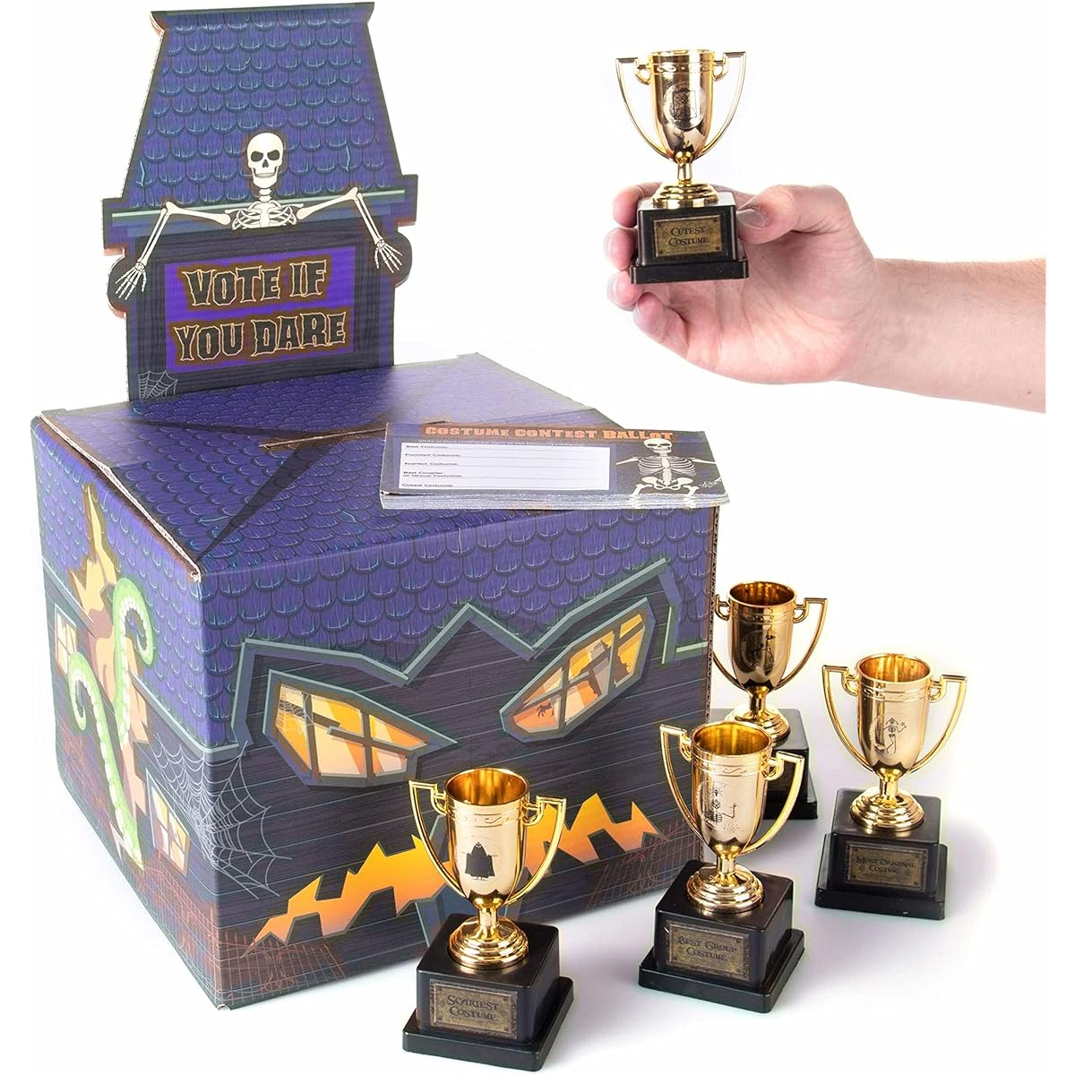 Halloween Costume Contest Party Bundle with Voting Box, 50 Ballots, 5 Gold Trophies, Fun Games, Decorations, Party Supplies for Home, Work, School, Bar, Costume Party Decor