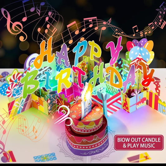 3D Pop Up Birthday Cards Luxury Blowout LED Light Candle Cake Music Happy Birthday Card Postcard Pop Up Greeting Card Gift Ideas for Women Men Mother Wife Husband Sister Boy Girl Friend Kids