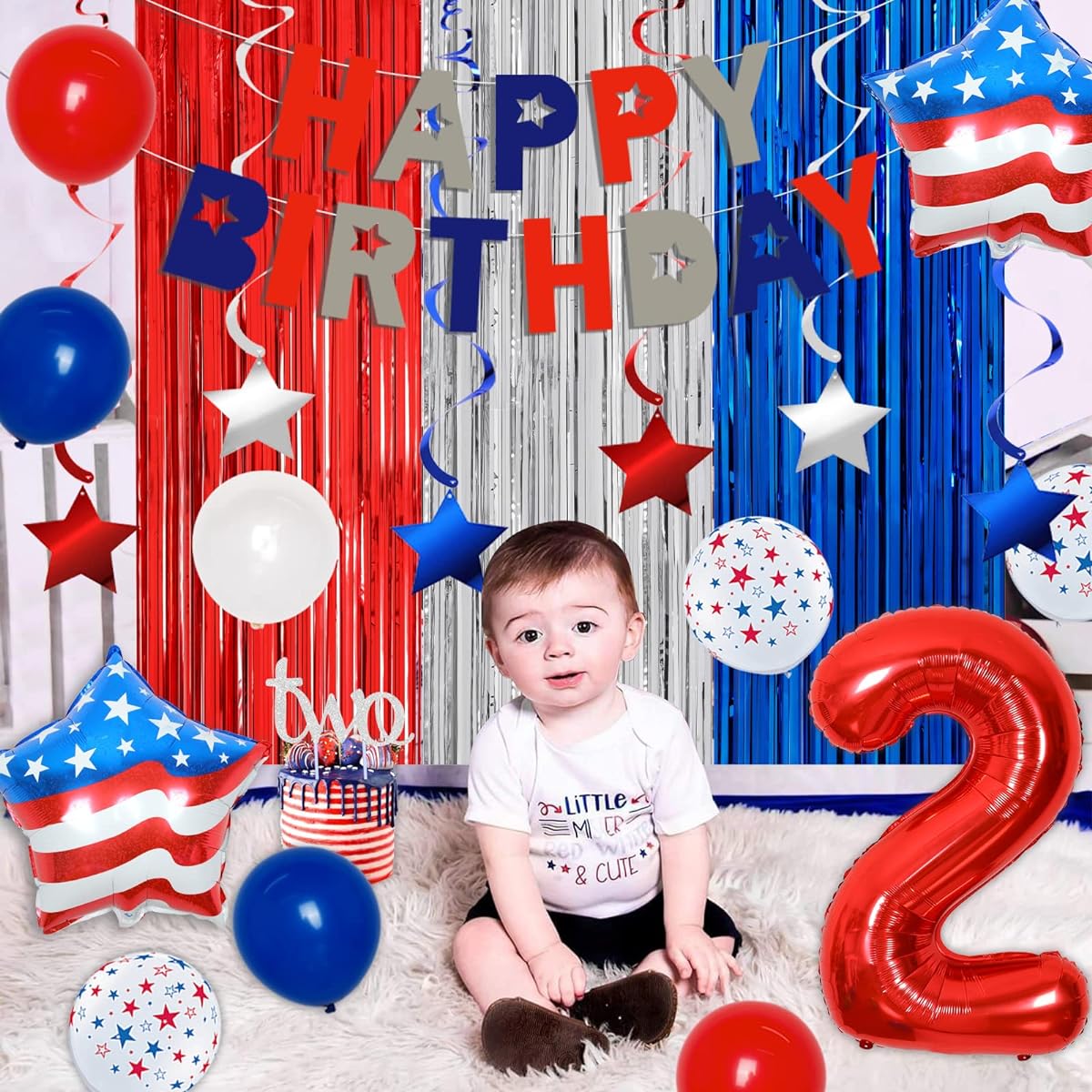 Patriotic Party Decorations Red White and Blue 2nd Birthday Party Supplies American Flag Happy Birthday Banner Tinsel Curtain Silver Cake Topper Number 2 Foil Balloons
