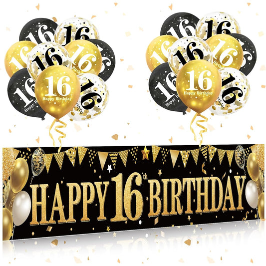 16th Birthday Banner Balloons Decorations for Boys Girls Black Gold Happy 16 Birthday Yard Banner Balloons Kit Party Supplies Vintage 16th Birthday Photo Props Decor Outdoor Indoor
