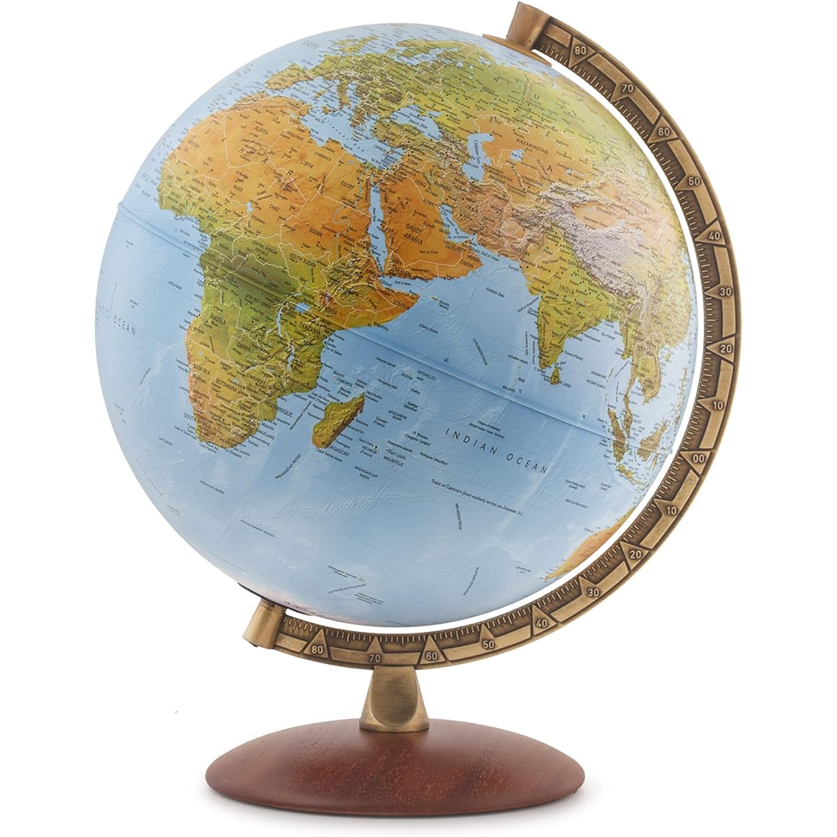 Waypoint Geographic Lugano 12" Globe Metal Numbered Meridian Wood Base Home & Office (Physical Ocean) World, Blue, 2.5 lbs