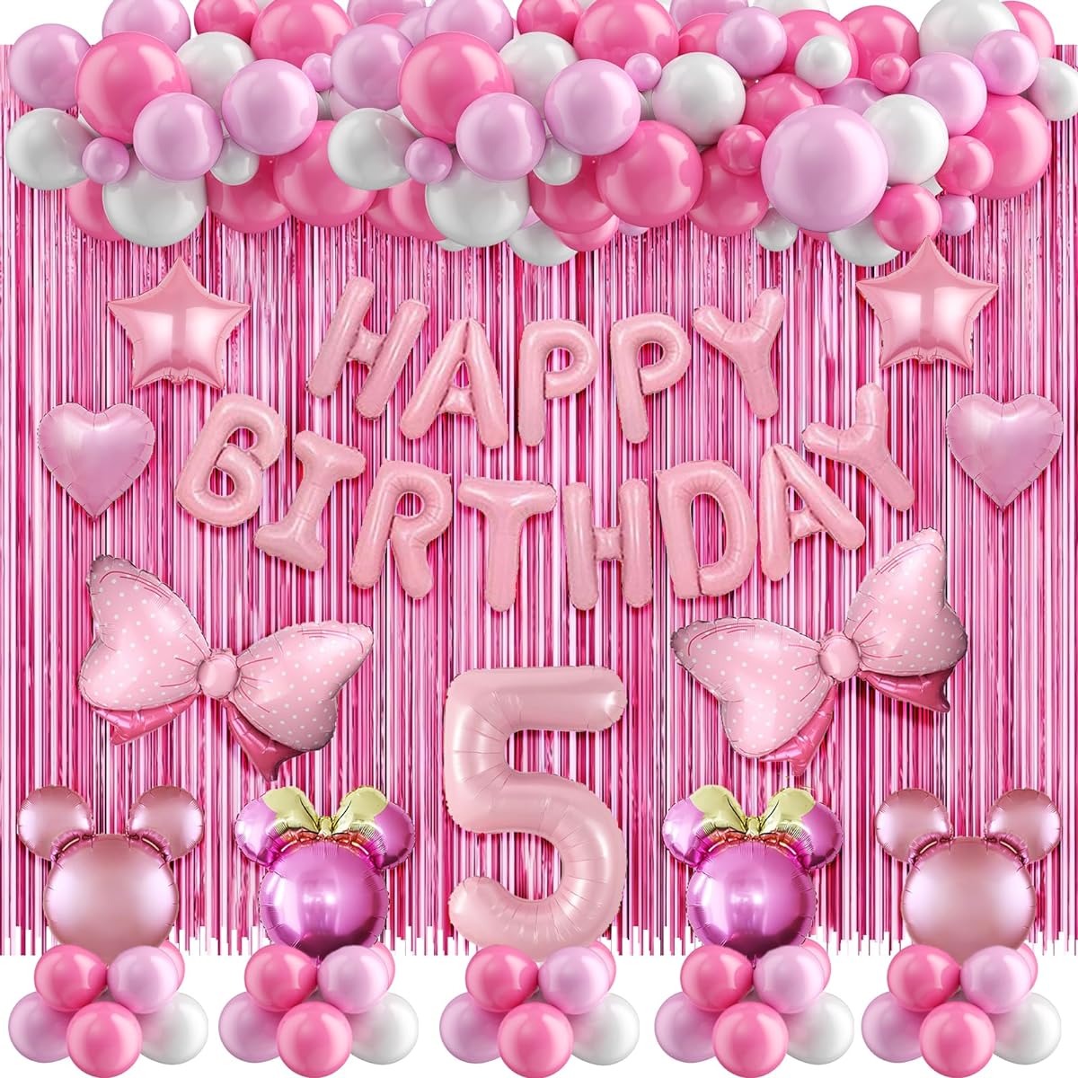 Minnie Birthday Party Decorations & Balloons Arch Garland Kit Pink Minnie 5th Birthday Party Supplies for Kids Minnie Foil Balloons HAPPY BIRTHDAY Balloon Banner Curtain (5th)