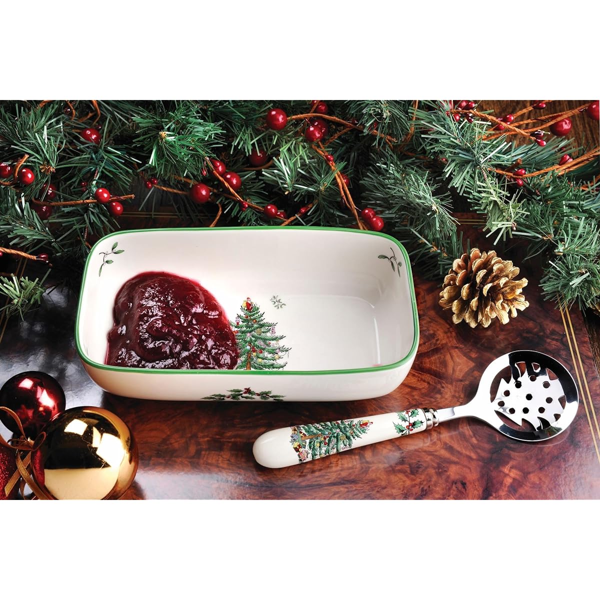 Spode Christmas Tree Cranberry Bowl with Slotted Spoon by Spode