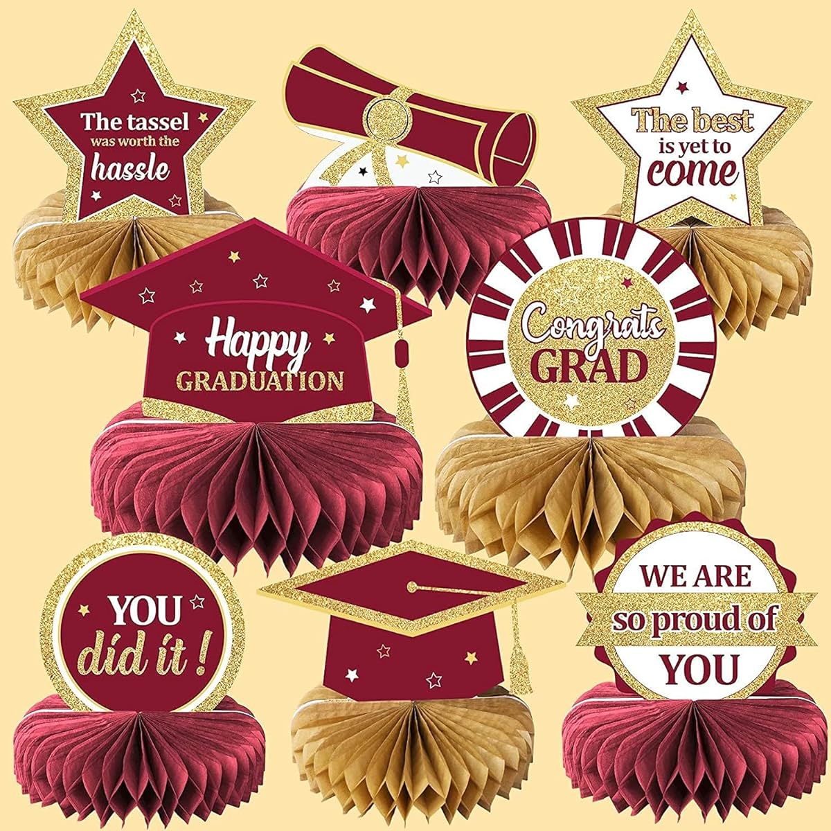 2021 Graduation Party Decorations, Class of 2021 Graduation Beehive Centerpieces, Congratulations Graduation Party Favors, Maroon, 8 Pieces