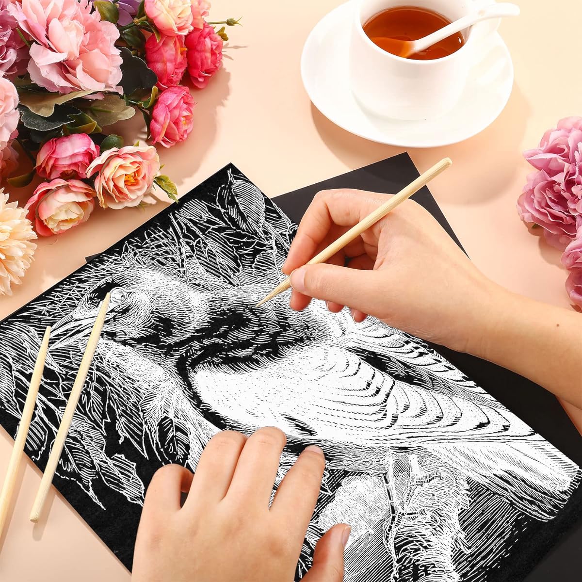 Scratch Paper Art Set Kids Craft Kit Scratch Off Paper Black Coated Scratch Board Black Scratch Note with Wooden Stylus Valentine's Day Gift Birthday Party Supplies (100 Pieces)