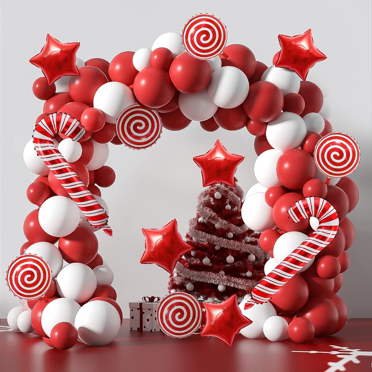 Honinda 132pcs Christmas Balloon Garland Arch Kit Christmas White Red Candy Balloon Red Star Balloon Christmas New Year Birthday Party Decoration