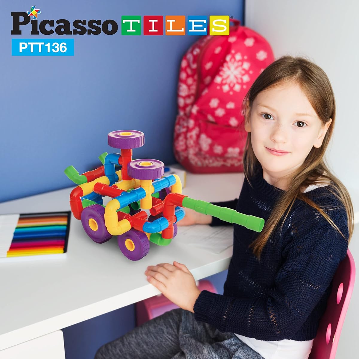 PicassoTiles PTT136 136 Piece Tubular Pipes and Spouts STEAM Interlocking Educational Building Blocks Set Tube Rock Pipework Construction Blocks with Storage Box Idea Book Flute Musical Instrument Kit