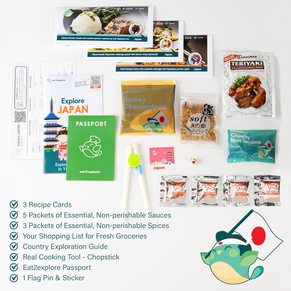 eat2explore Kids Interactive & Educational Real Cooking Set for Families | 3 Local Recipe Cards with Key Ingredients, Cooking Tools, Fun Kids Explorer Guide | Japan Exploration Cooking Kit