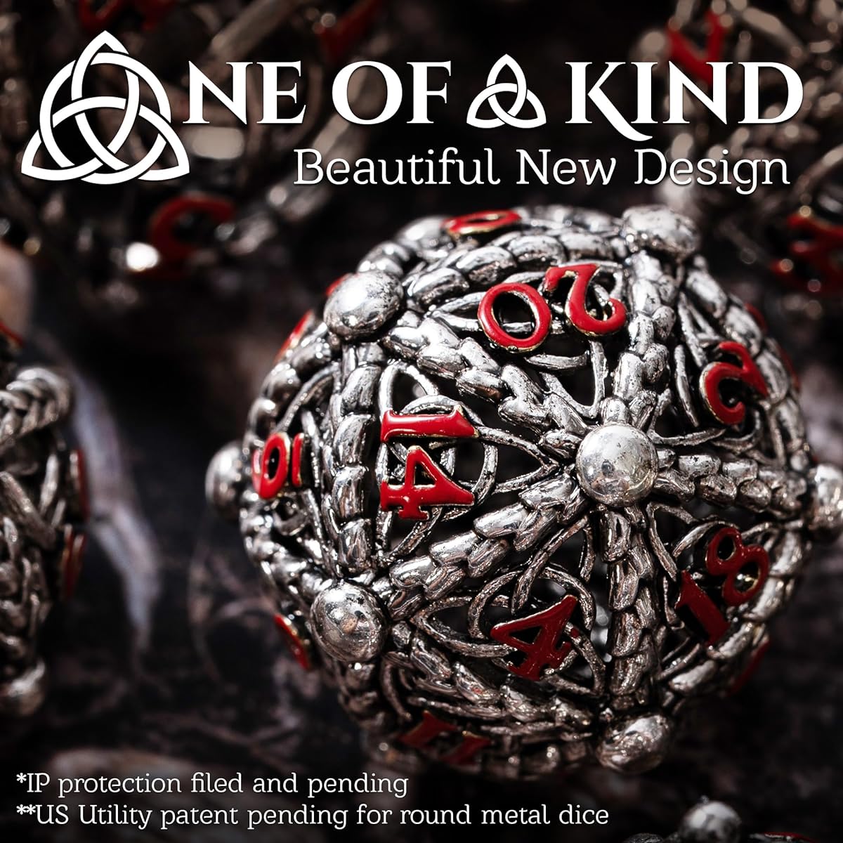 Metal DND Dice Set - Unique Round Hollow Orb Design - Role Playing Games (RPG) - Beautiful Celtic Knot Metal Dice Set - Stunning D&D Dungeons and Dragons Dice Set (Iron Red)