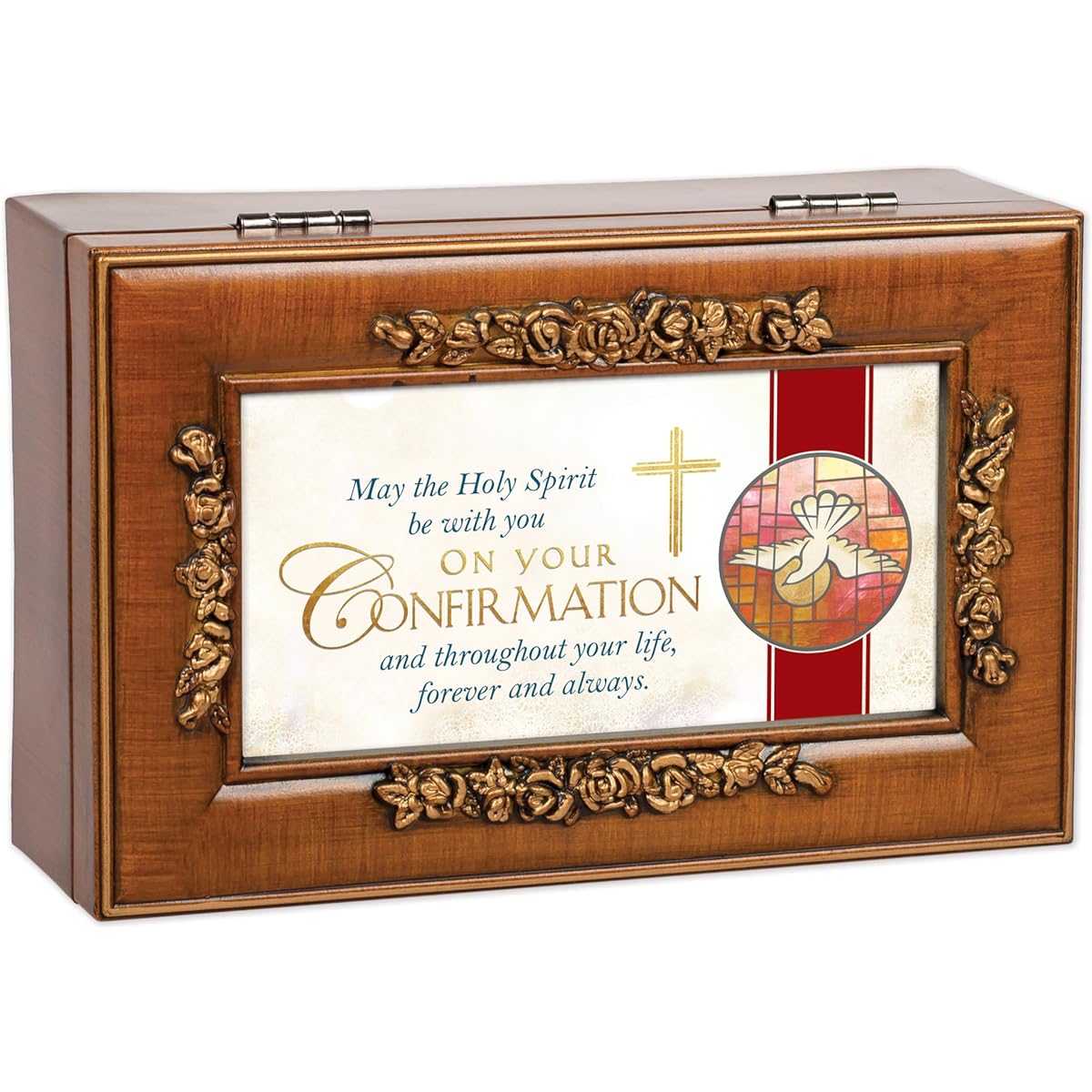 Affirmation Holy Spirit with You Woodgrain Petite Rose Keepsake Music Box Plays Eagle's Wings