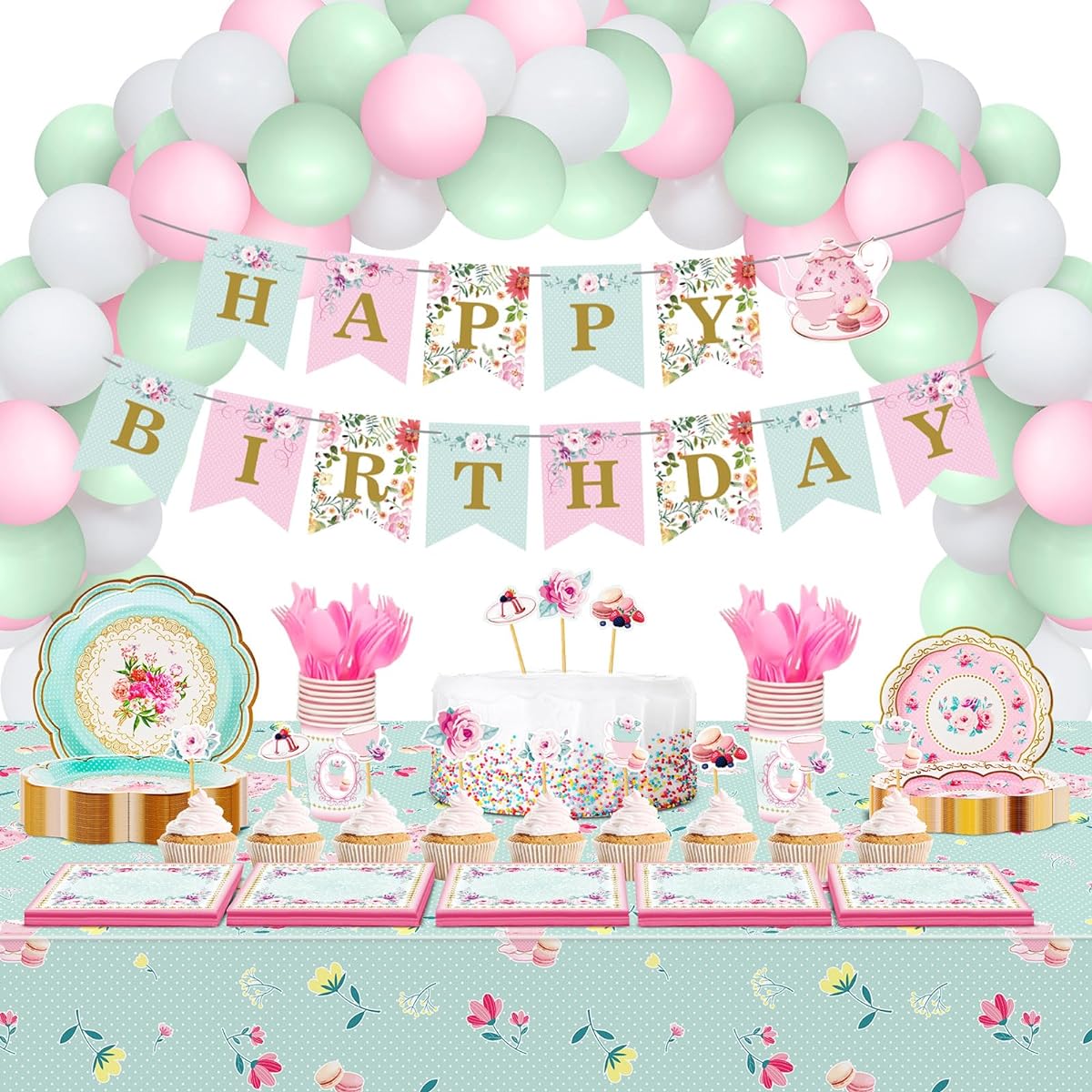 217 Pieces Floral Tea Party Decorations Happy Birthday Tea Party Supplies Tea Set Women Tea Party Girls Wedding Birthday Decoration