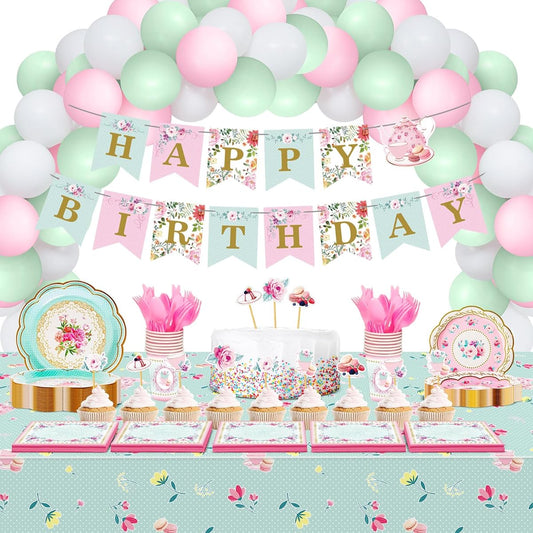 217 Pieces Floral Tea Party Decorations Happy Birthday Tea Party Supplies Tea Set Women Tea Party Girls Wedding Birthday Decoration