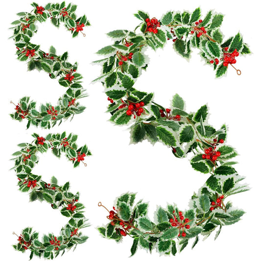WILLBOND 3 Pieces Christmas Garland Red Berry Green Garland 5.7ft Artificial Christmas Red Berry Flower Vine Winter Holly Leaf Garland Outdoor Christmas Fireplace Home Decoration (Fresh Style)