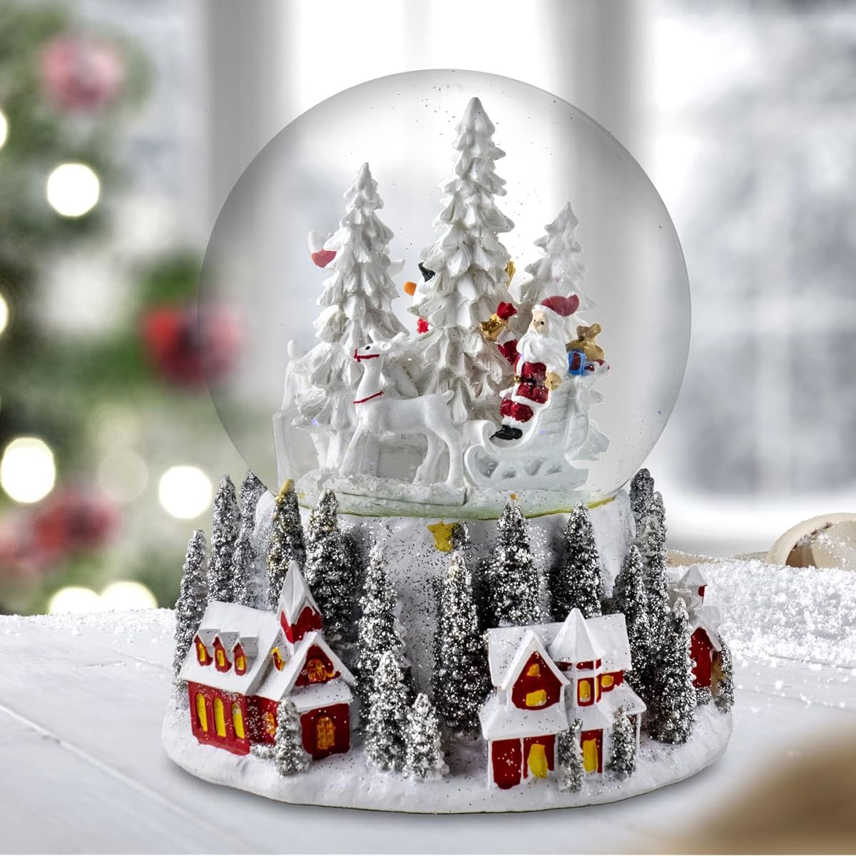 San Francisco Music Box Company 120mm Santa & Snowman Red Village Base Snow Globe